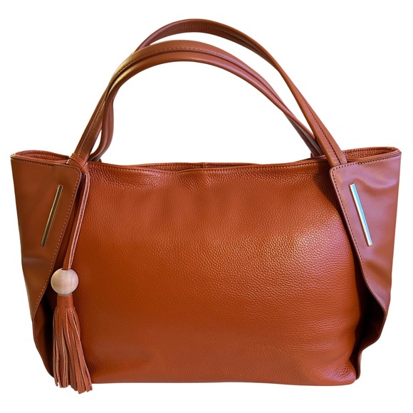 Kattee Handbags - Kattee Cognac Brown Pebbled Leather Hobo Shoulder Bag Fringe Tassel Gold Accent